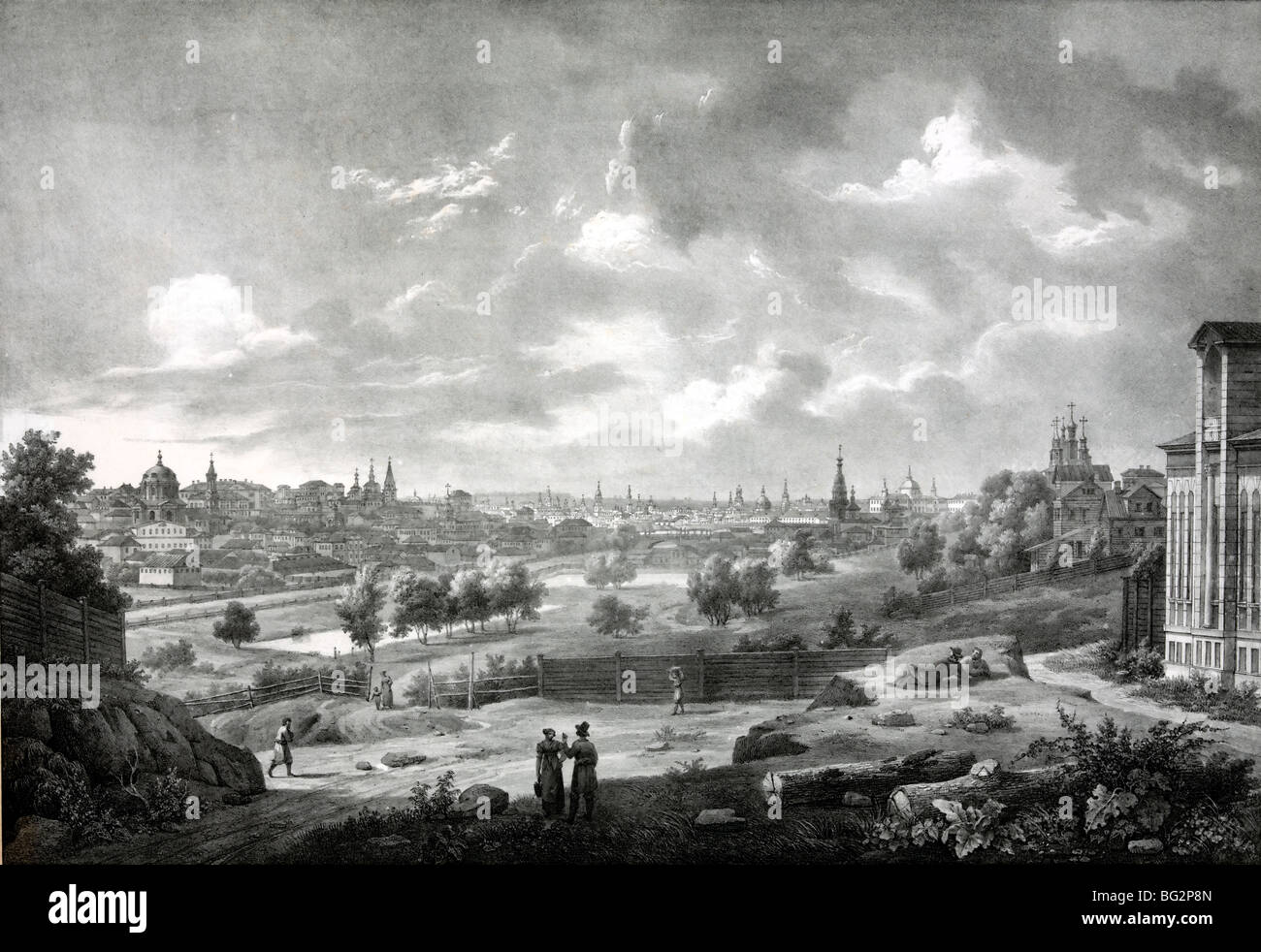 Vista della campagna da lungo la 'Yaousa' Fiume con la città di Mosca in distanza. circa 1835 Foto Stock