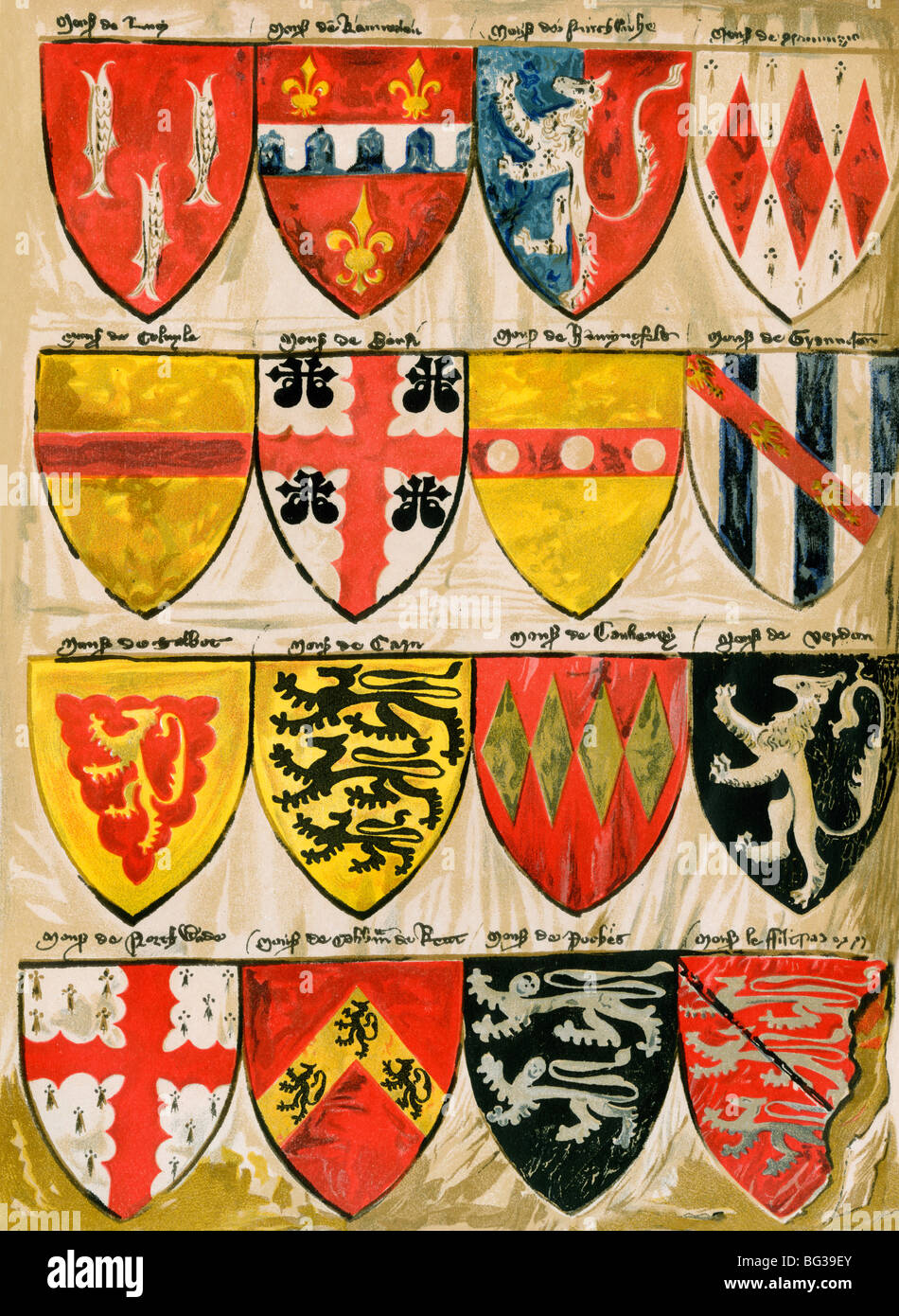 Scudi di inglese cavalieri e baroni, verniciate durante il regno di Edoardo III. Litografia a colori Foto Stock