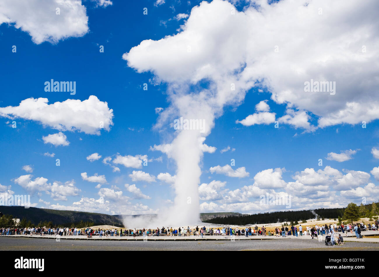 Geyser Old Faithful scoppierà a Yellowstone, Parco Nazionale, Wyoming negli Stati Uniti. Foto Stock