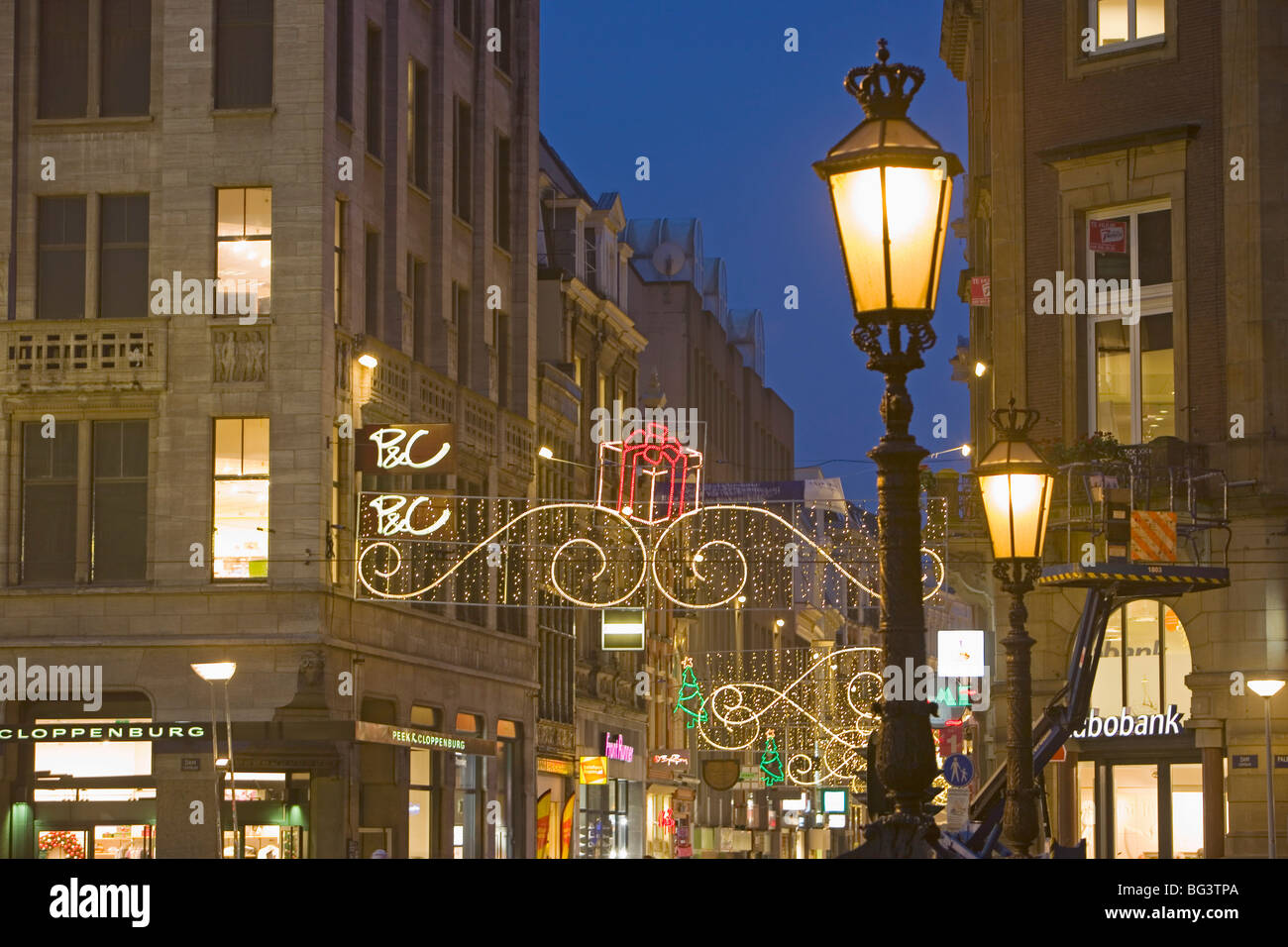 Natale in Piazza Dam e Kalvestraat, Amsterdam, Paesi Bassi, Europa Foto Stock