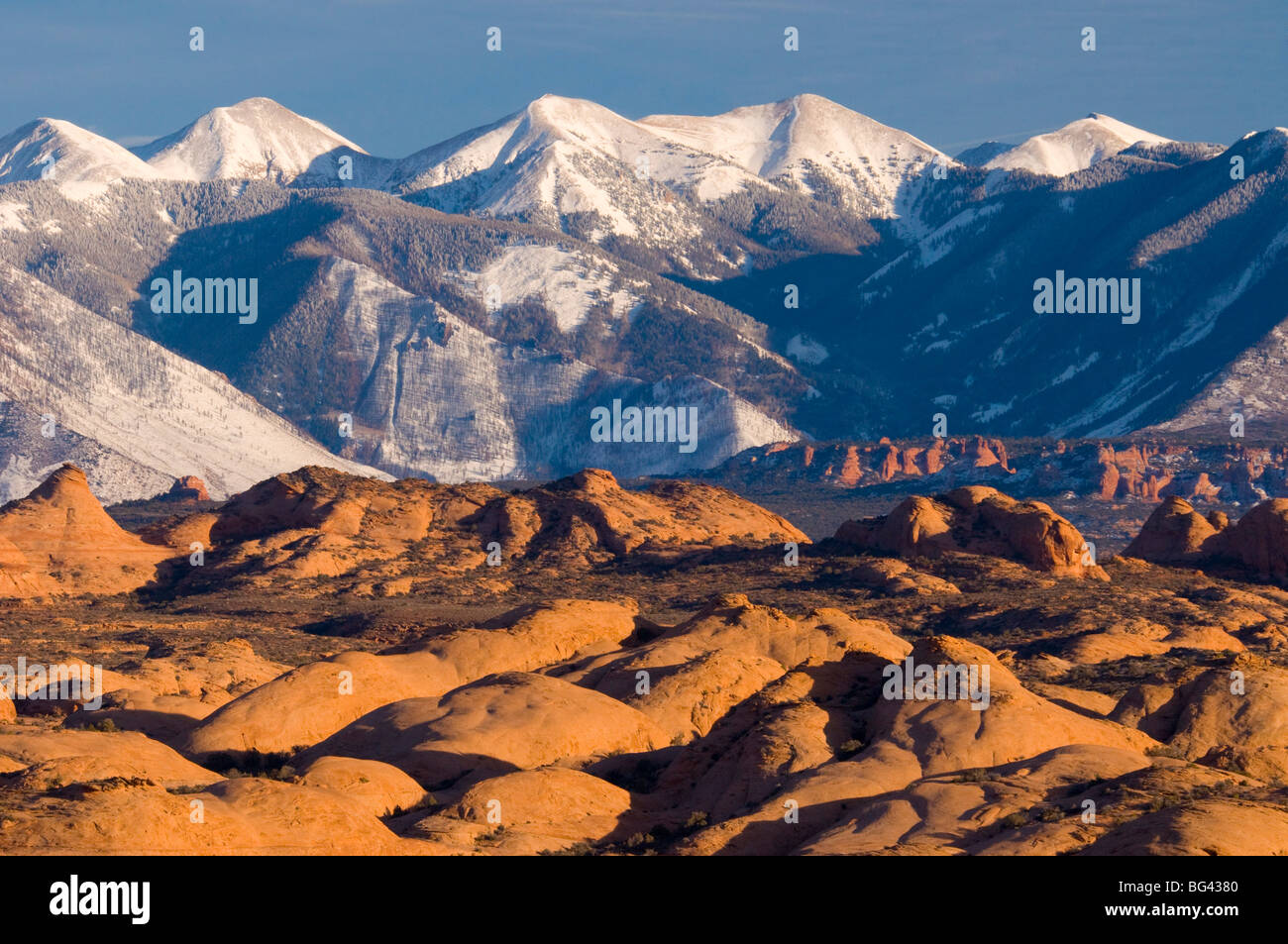 Stati Uniti d'America, Utah, Arches National Park, La Sal Mountains e pietrificate dune Foto Stock