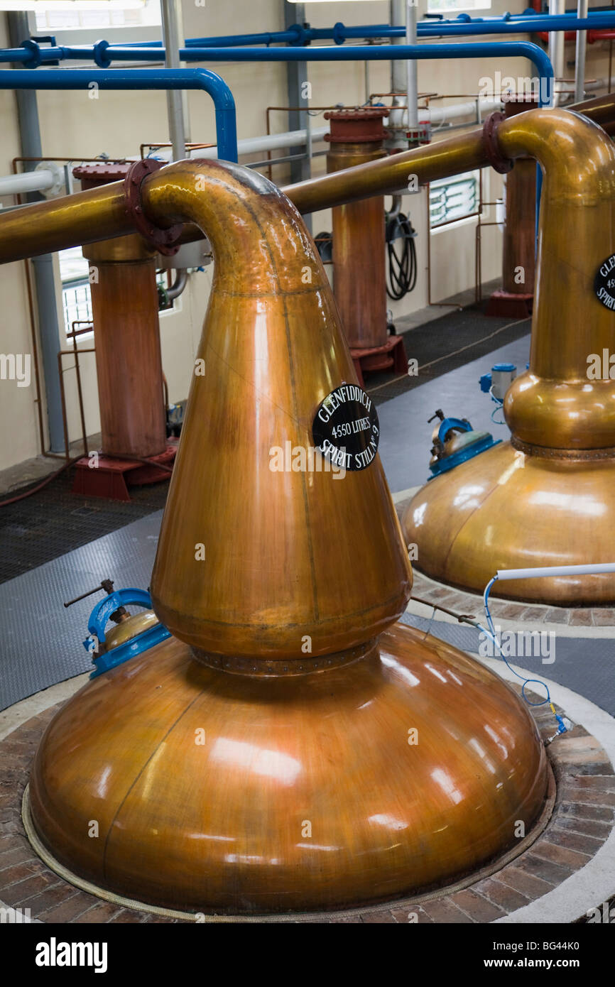 La Scozia, Speyside, Dufftown, Glenfiddich distilleria di whisky, alambicchi di rame Foto Stock