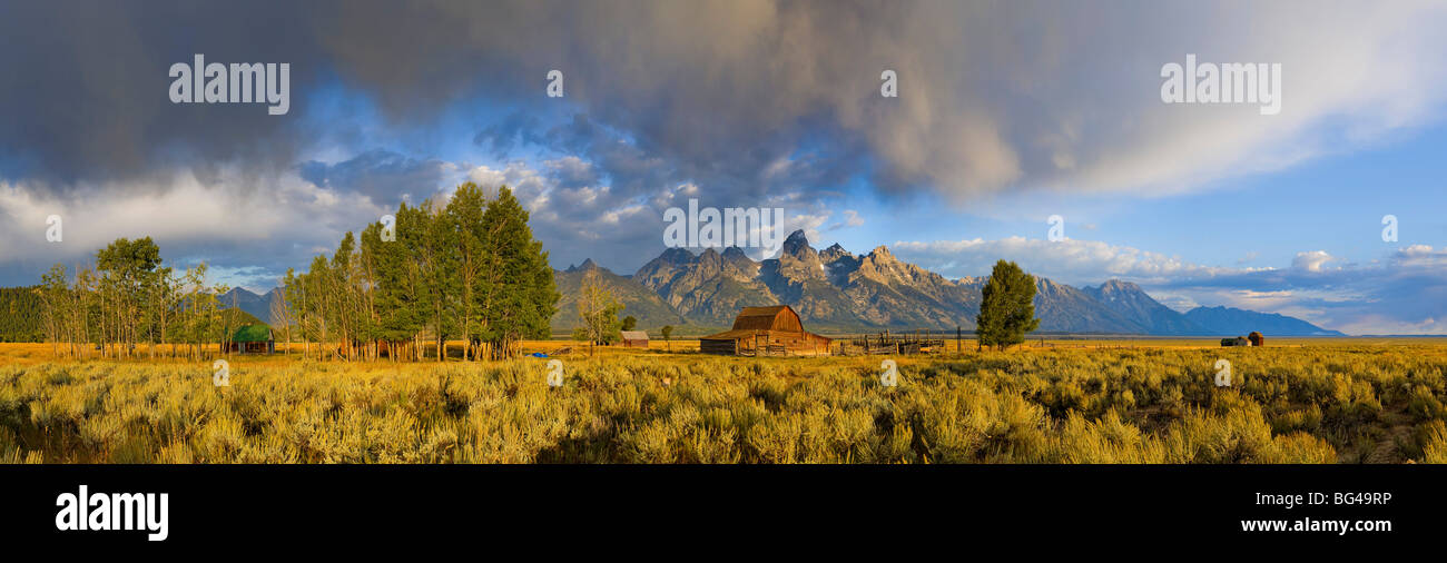 Fienile storico sulla fila di mormoni e Teton Mountain Range, il Parco Nazionale del Grand Teton, Wyoming USA Foto Stock