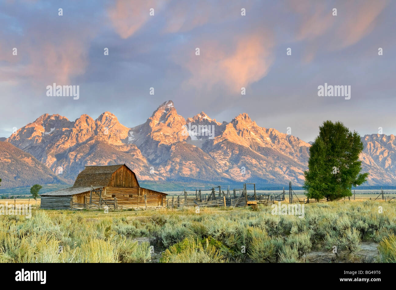 Fienile storico sulla fila di mormoni e Teton Mountain Range, il Parco Nazionale del Grand Teton, Wyoming USA Foto Stock