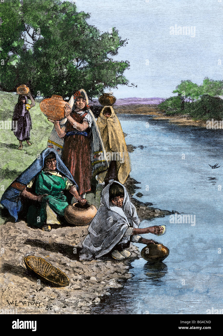 Pueblo le donne indiane il prelievo di acqua dal Rio Grande nel Nuovo Messico. Colorate a mano la xilografia Foto Stock