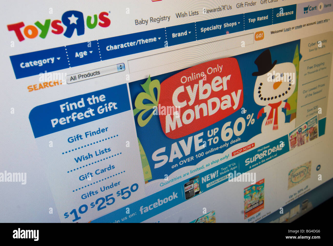 Il sito web Toys R Us offre loro Cyber lunedì vendite Foto Stock