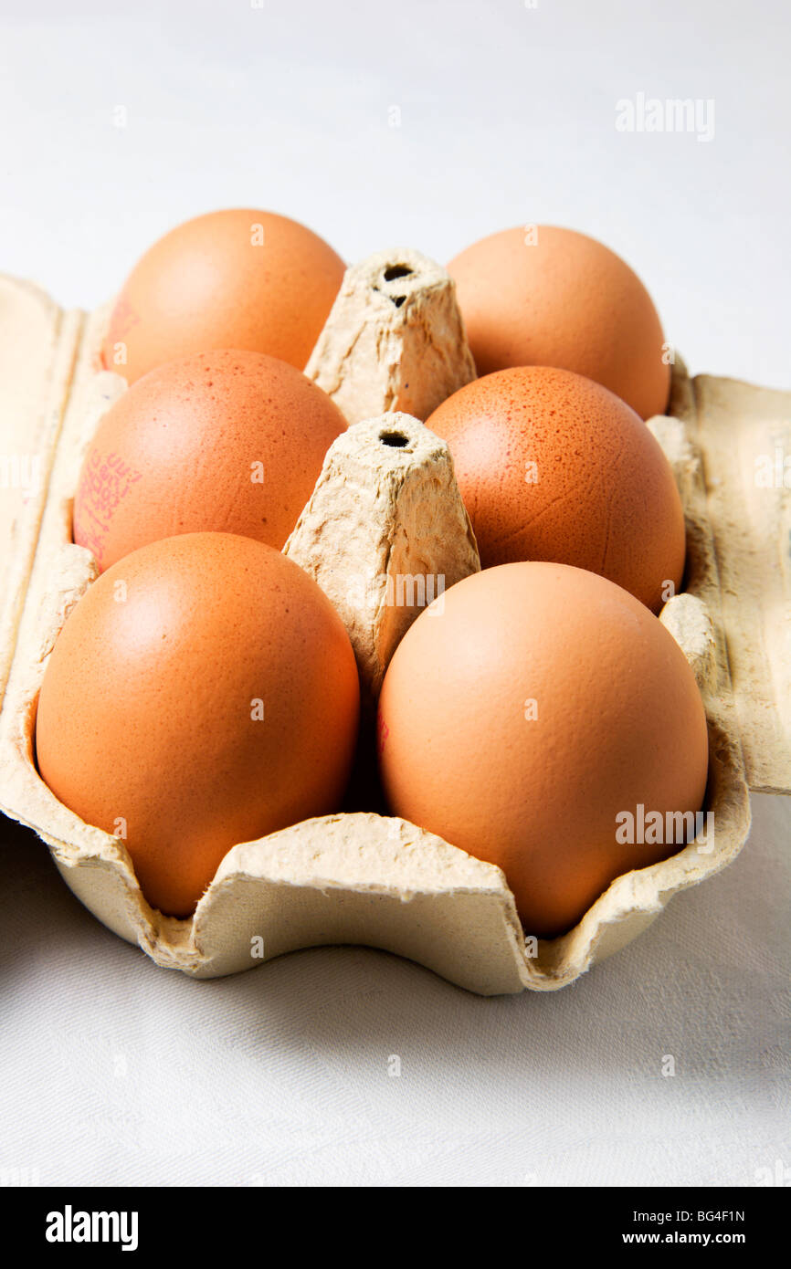 Sei organici di uova di galline in una scatola per uova Foto Stock