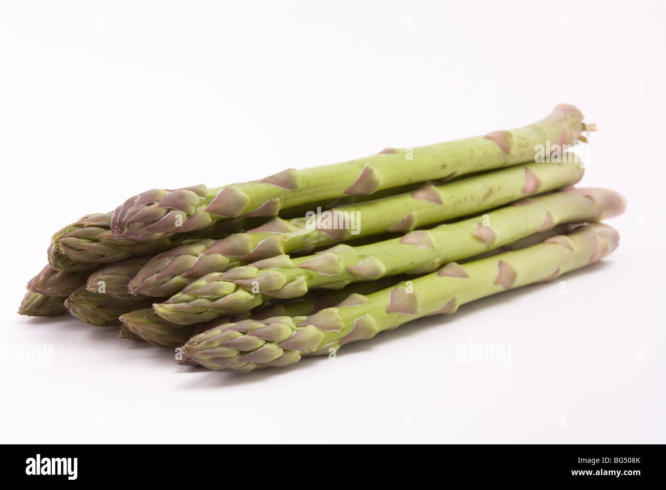Pila di asparagi spears dal punto di vista basso con messa a fuoco poco profonda isolata contro il bianco. Foto Stock