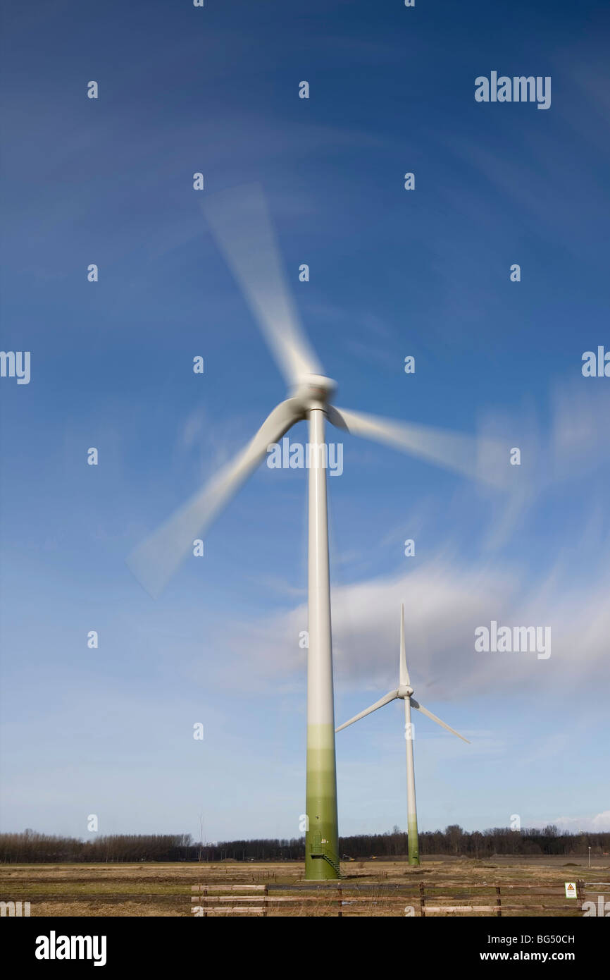 Mulini a vento al lavoro in Noord Oost polder, Paesi Bassi Foto Stock