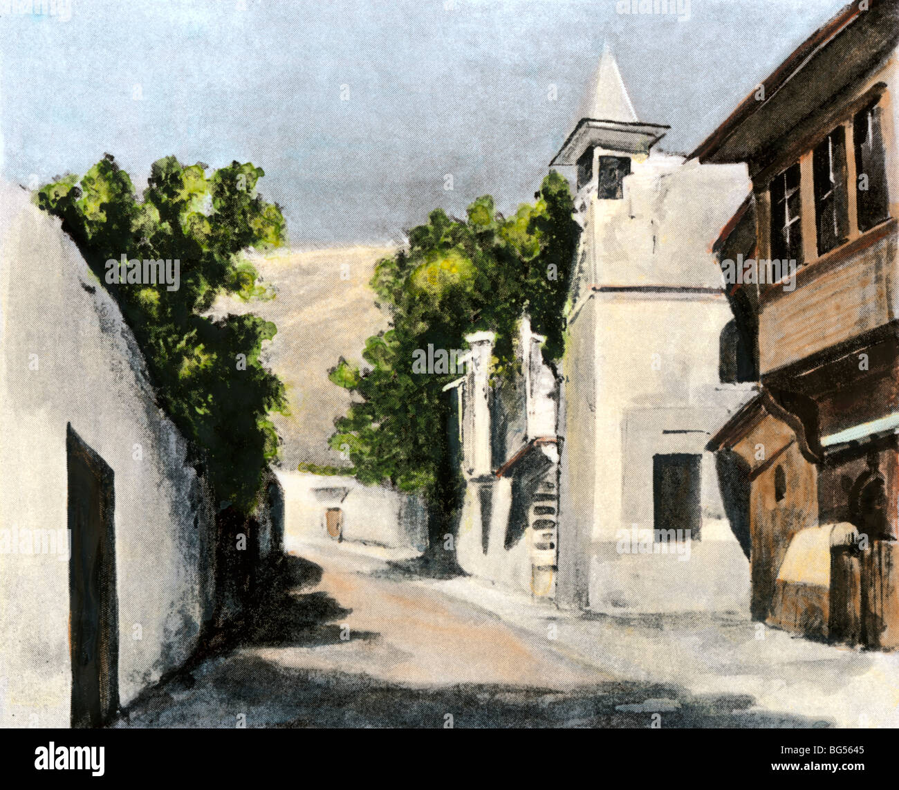 Casa di Sir Richard Burton e di sua moglie in Salahiyeh, Siria, vicino a Damasco, 1800s. Colorate a mano di mezzitoni una illustrazione Foto Stock