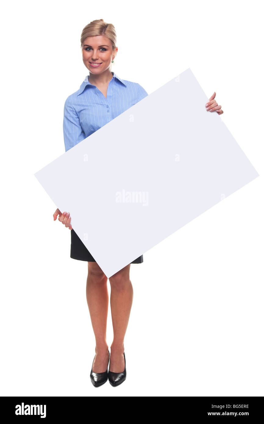 Donna bionda tenendo un cartello bianco, aggiungere il proprio messaggio Foto Stock