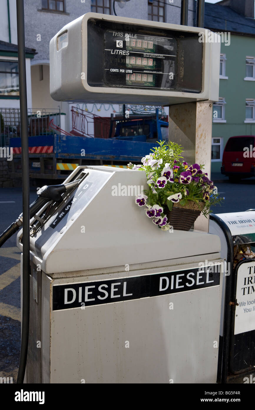 Fiori che ornano le pompe di benzina, costa Ovest dell Irlanda Foto Stock