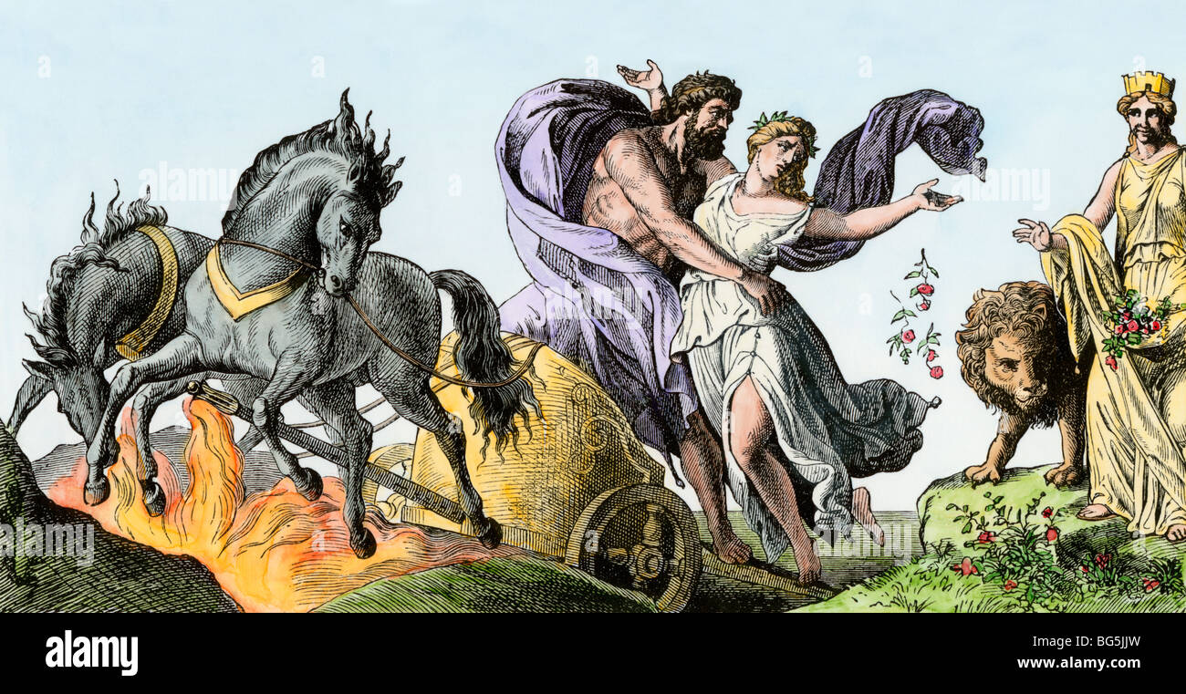 Plutone porta off Persefone al suo regno, la malavita, nella mitologia greca. Colorate a mano la xilografia Foto Stock
