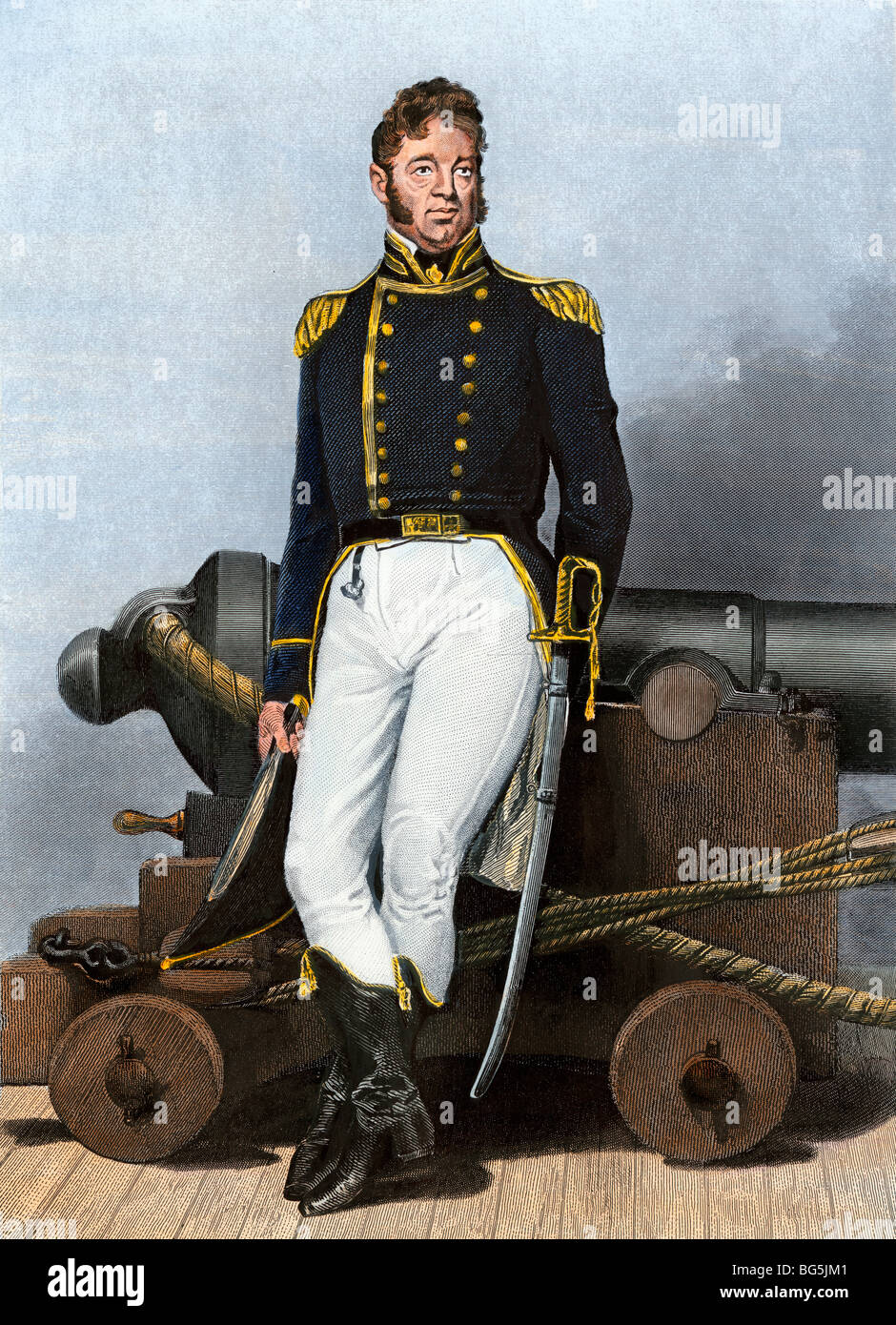 Il Capitano William Bainbridge in US Navy uniforme, appoggiata contro il cannone sul ponte della nave. Colorate a mano incisione in acciaio Foto Stock