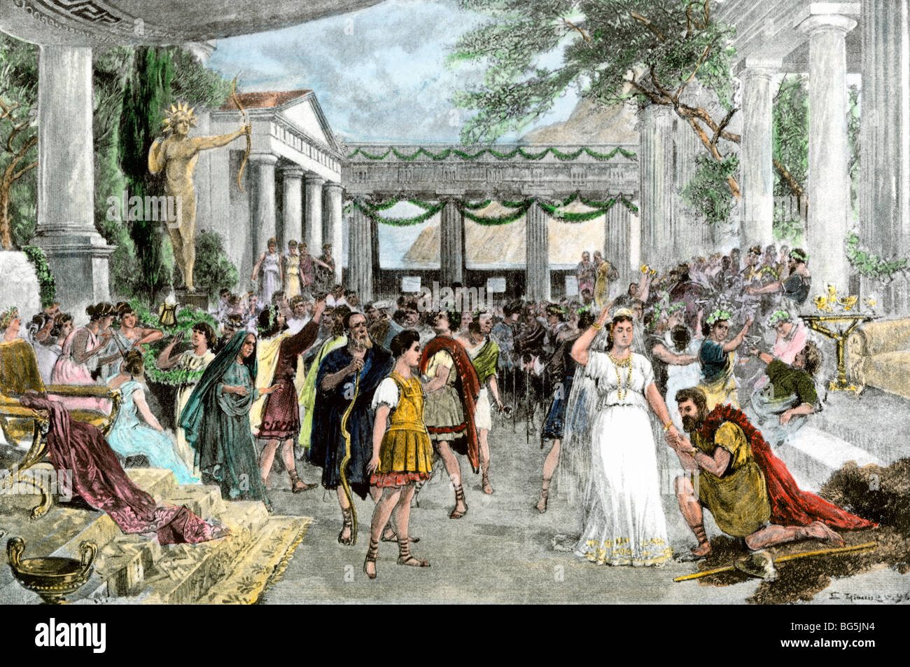 Il ritorno di Ulisse per la sua fedele sposa Penelope, dopo dieci anni di assenza. Colorate a mano di mezzitoni una illustrazione Foto Stock