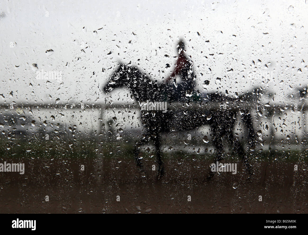 Una passeggiata a cavallo in condizioni di tempo piovoso Foto Stock