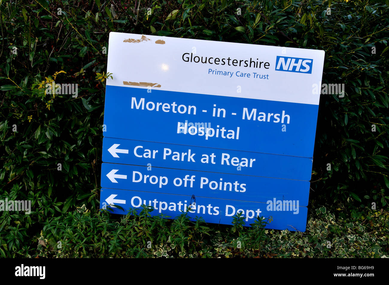 Moreton-in-Marsh Ospedale segno, Gloucestershire, England, Regno Unito Foto Stock
