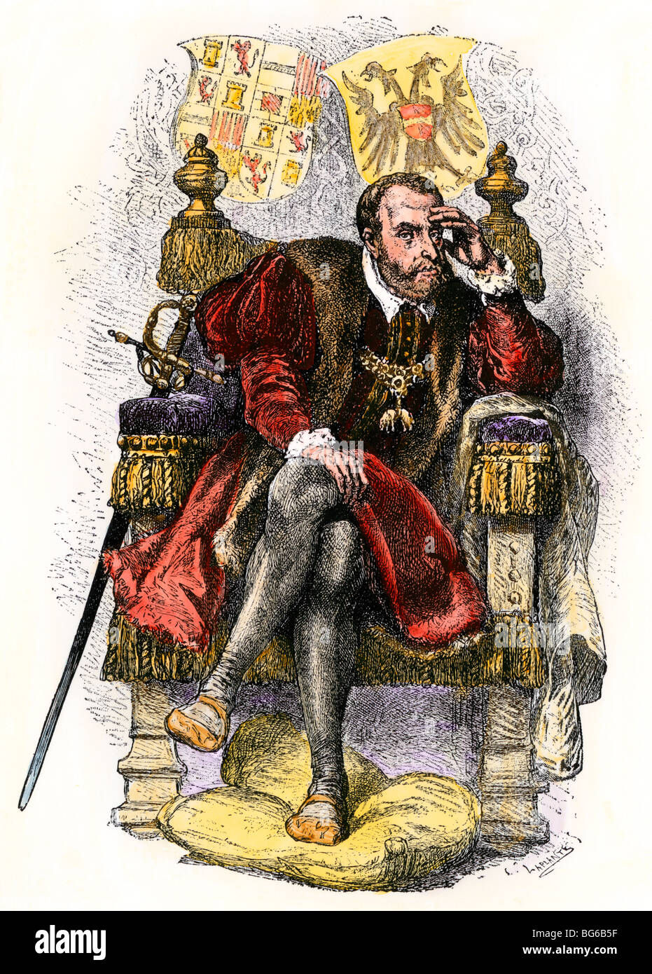 Sacro Romano Imperatore Carlo V - Carlo I di Spagna. Colorate a mano la xilografia Foto Stock