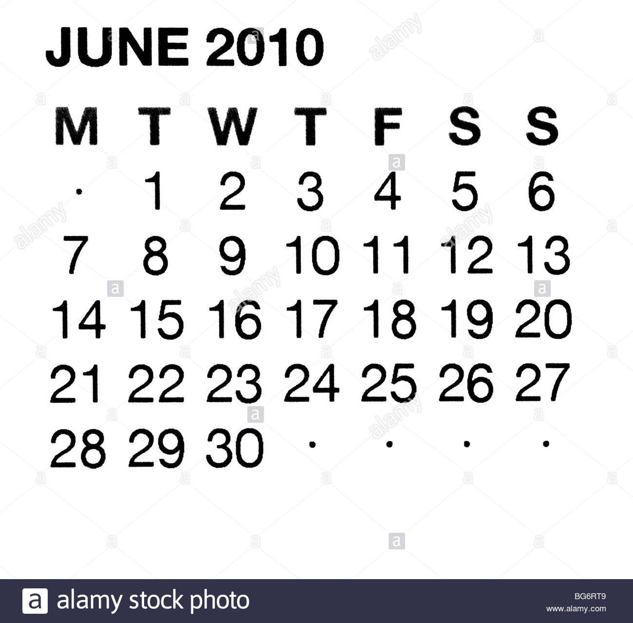Giugno 2010 Calendario Foto Stock