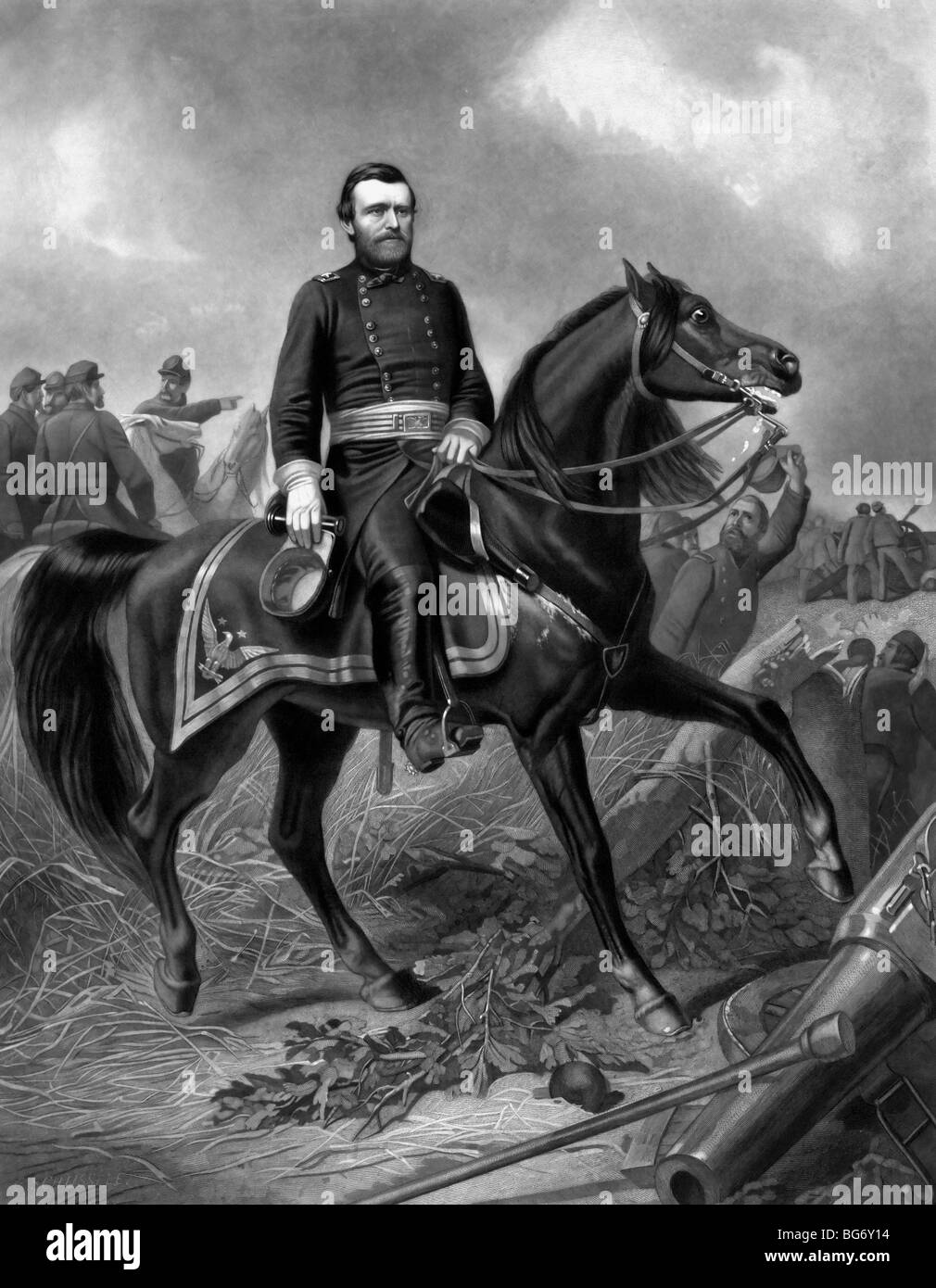 Ulisse S. Grant di intera lunghezza verticale, indossando uniforme militare, seduto sul cavallo, rivolto verso destra, 1866 Foto Stock
