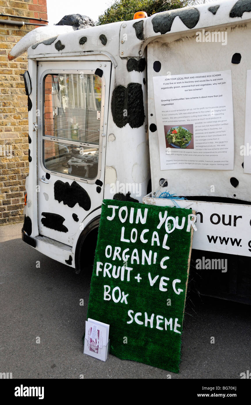 La pubblicità della scheda di un organico locale frutta e verdura casella Schema Stoke Newington Farmers Market Londra Inghilterra REGNO UNITO Foto Stock