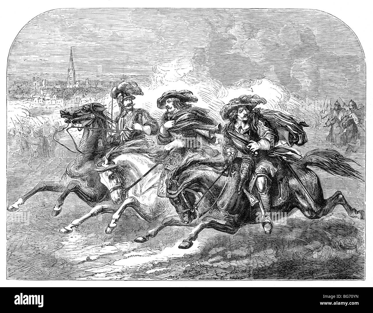 Re Carlo i fuggì dal campo dopo che i Royalisti furono sconfitti nella battaglia di Naseby, Guerra civile Inglese, 14th giugno 1645 Foto Stock