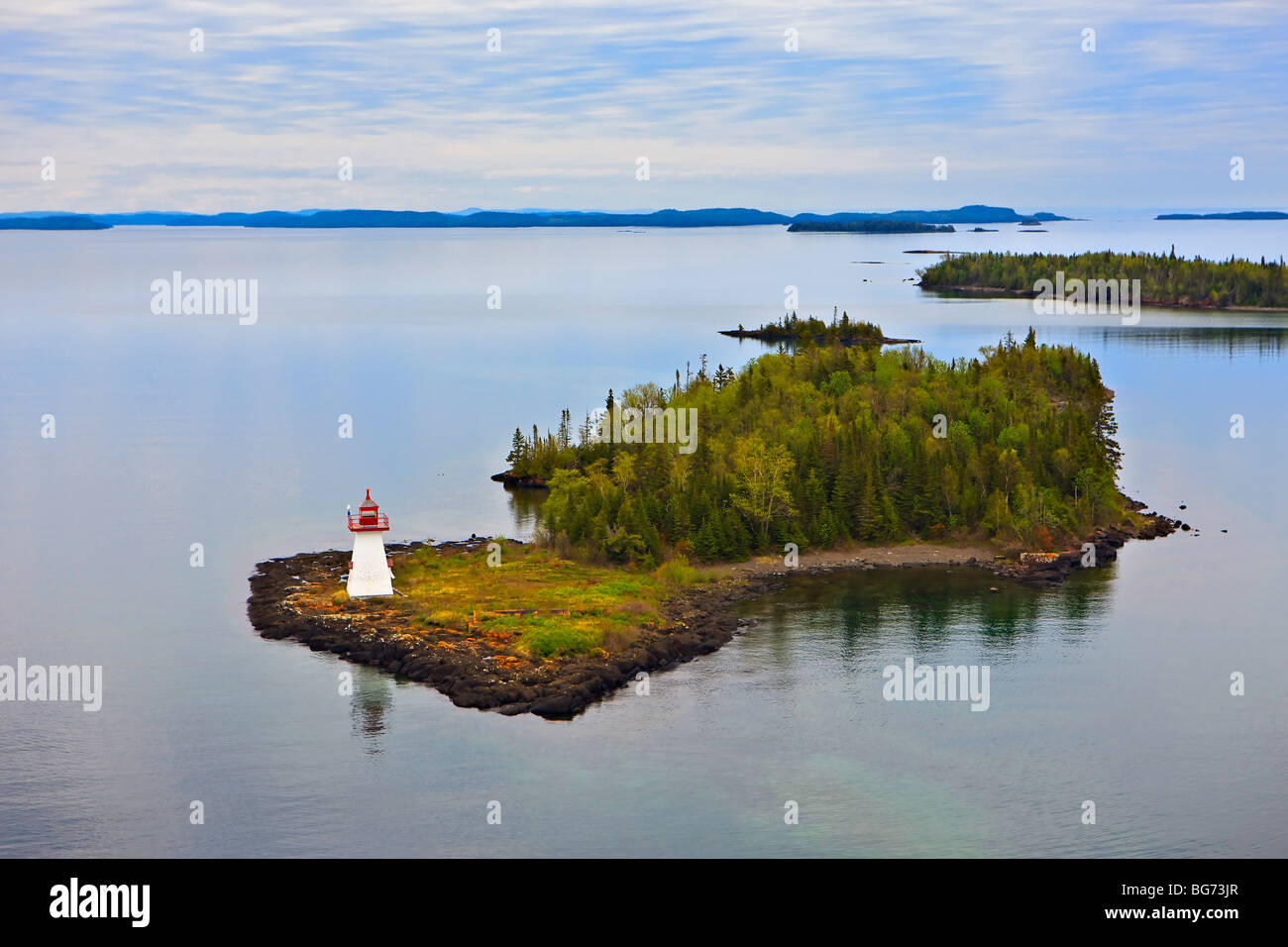 Shaganash Island Lighthouse, Shaganash Island, il lago Superior, vicino a Thunder Bay, Ontario, Canada. Foto Stock
