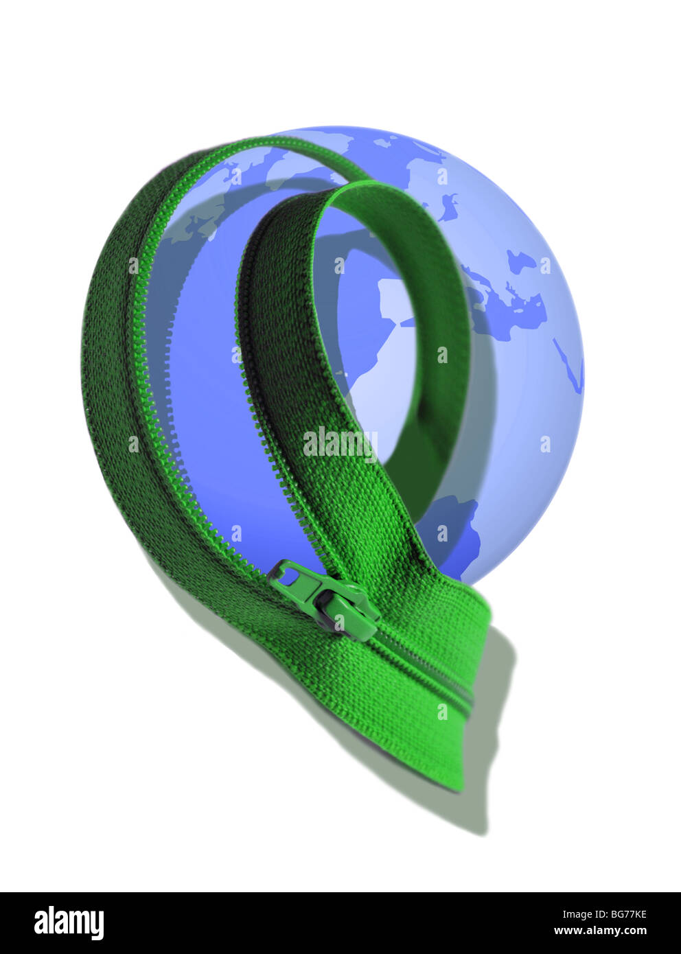 Illustrazione concettuale di zip verde parzialmente annullata contro un blu globo terrestre. Foto Stock