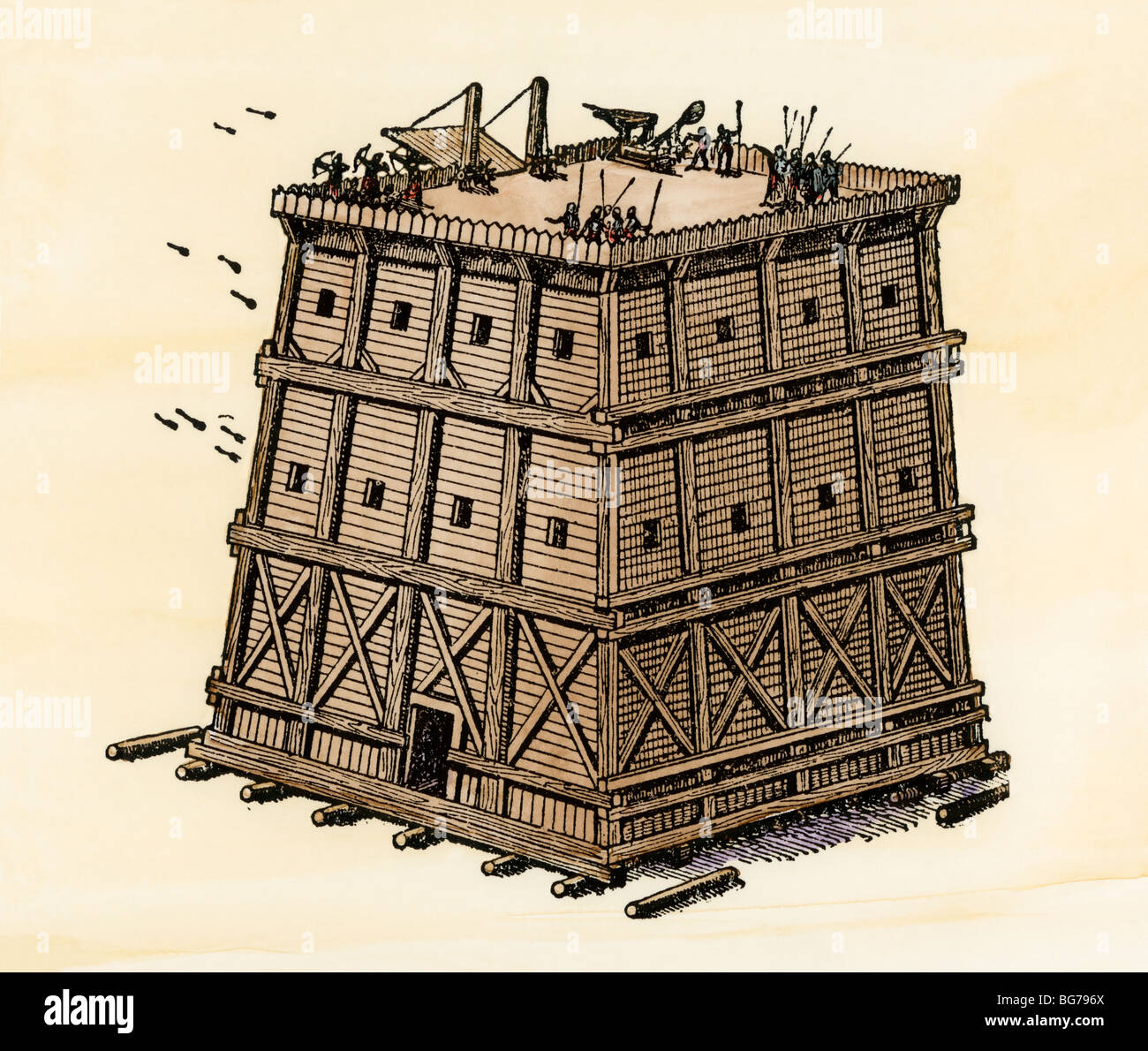 Macchina da assedio, utilizzato in antiche e medievali e di guerra. Colorate a mano la xilografia Foto Stock