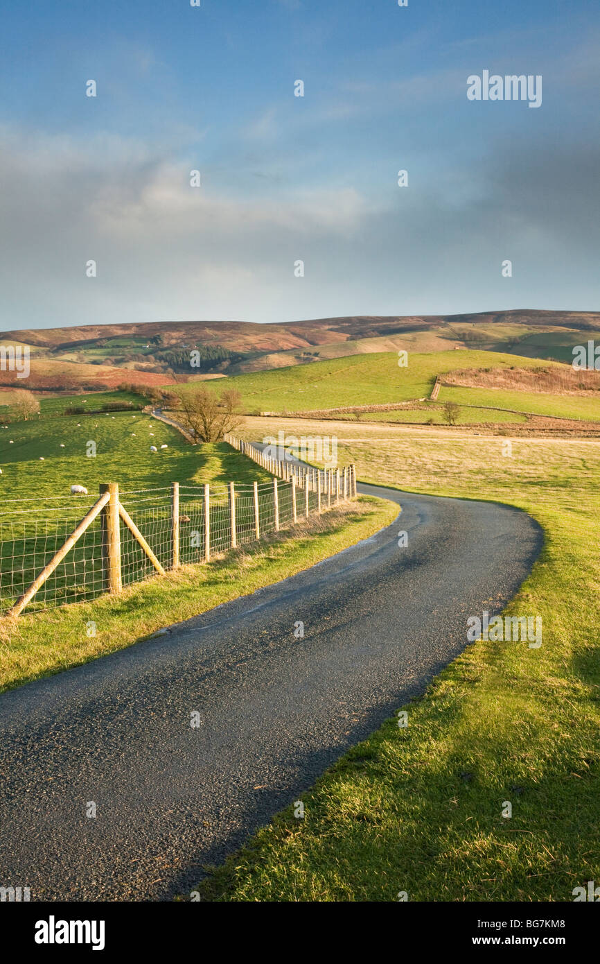 Country Road vicino al Stiperstones Riserva Naturale, guardando attraverso la lunga Mynd, Shropshire, Inghilterra, Regno Unito Foto Stock