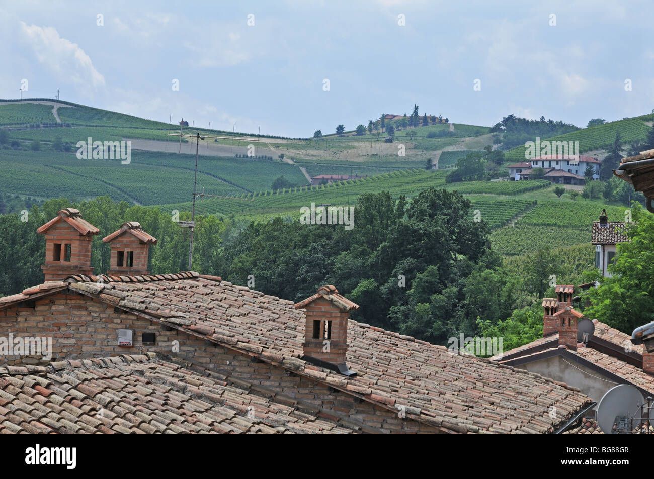 Clay di tetti di tegole e vedute dei vigneti attorno al castello di Barolo Langhe Piemonte Italia Foto Stock
