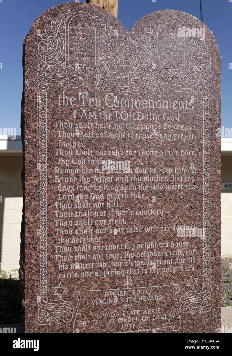 Dieci Comandamenti di placca di granito, Virginia City, Nevada. Foto Stock