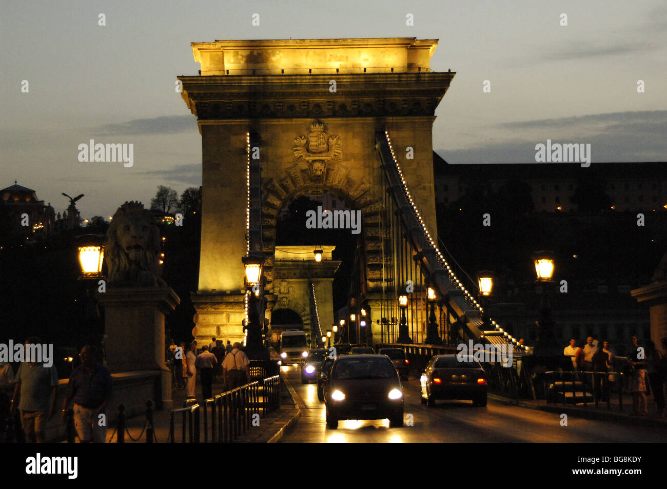 Ungheria. BUDAPEST. Vista la catena del ponte sul fiume Danubio di notte. Foto Stock