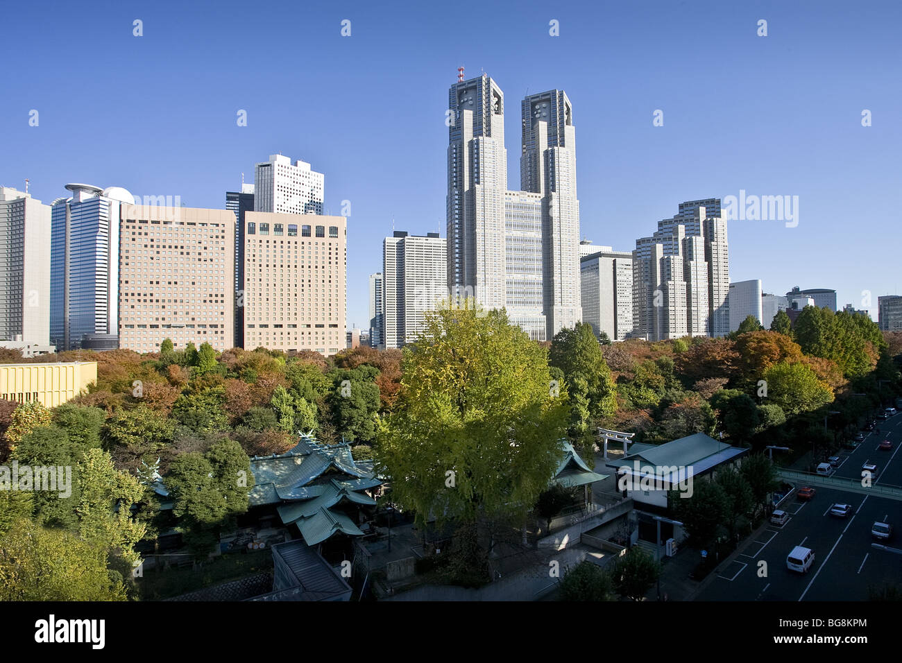 Il Giappone. TOKYO. Vista parziale di Shinjuku Central Park con il palazzo del Governo Metropolitano di Tokyo. Foto Stock