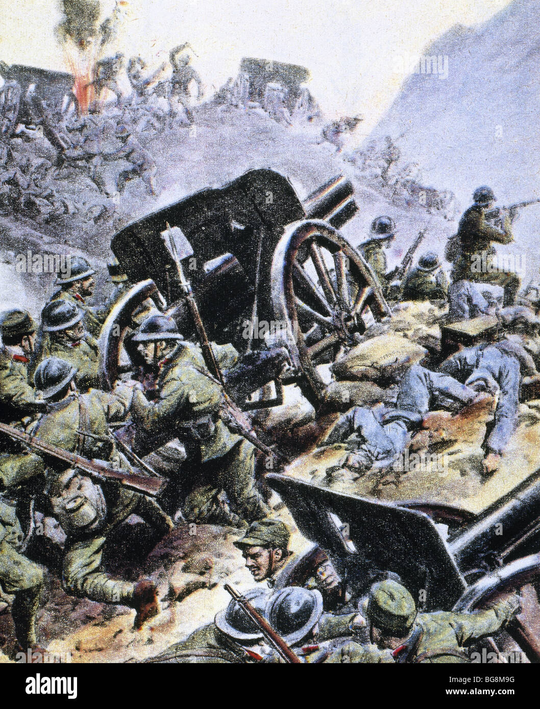 La seconda guerra mondiale (1914-1918). Le truppe italiane contro l'artiglieria austriaca. La Domenica del Corriere (1917). Foto Stock