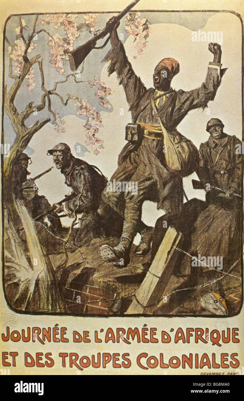 La seconda guerra mondiale (1914-1918). Poster.'Day dell'esercito africano e truppe coloniali' da Lucien Hector Jonas (1880-1947). Parigi. La Francia. Foto Stock