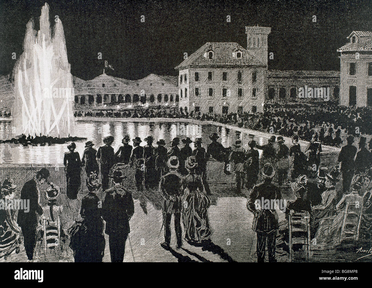 Barcellona. 1888 della fiera del mondo. 'Magic Fontana". Disegno di Asarta in 'La Ilustracion Iberica' (1888). Foto Stock