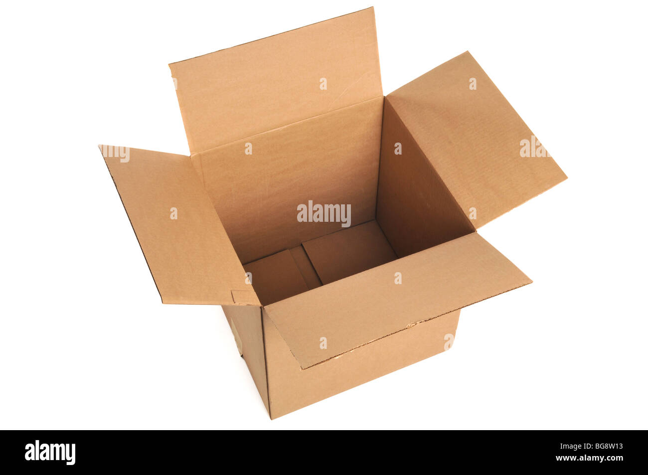 Ha aperto la scatola di cartone isolati su sfondo bianco Foto Stock