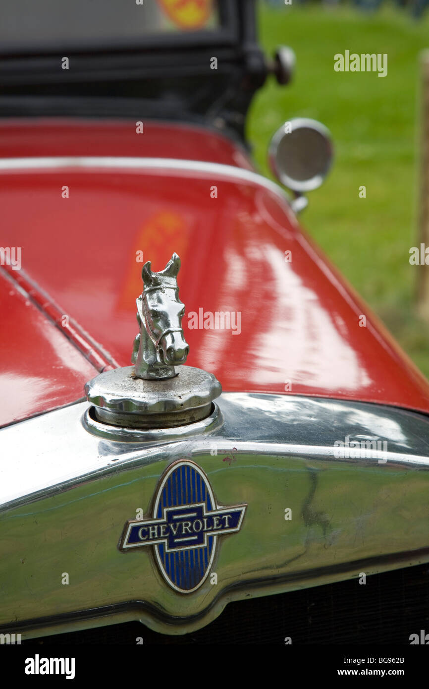 Testa di cavallo del tappo del radiatore sul coperchio vintage auto Chevrolet Foto Stock