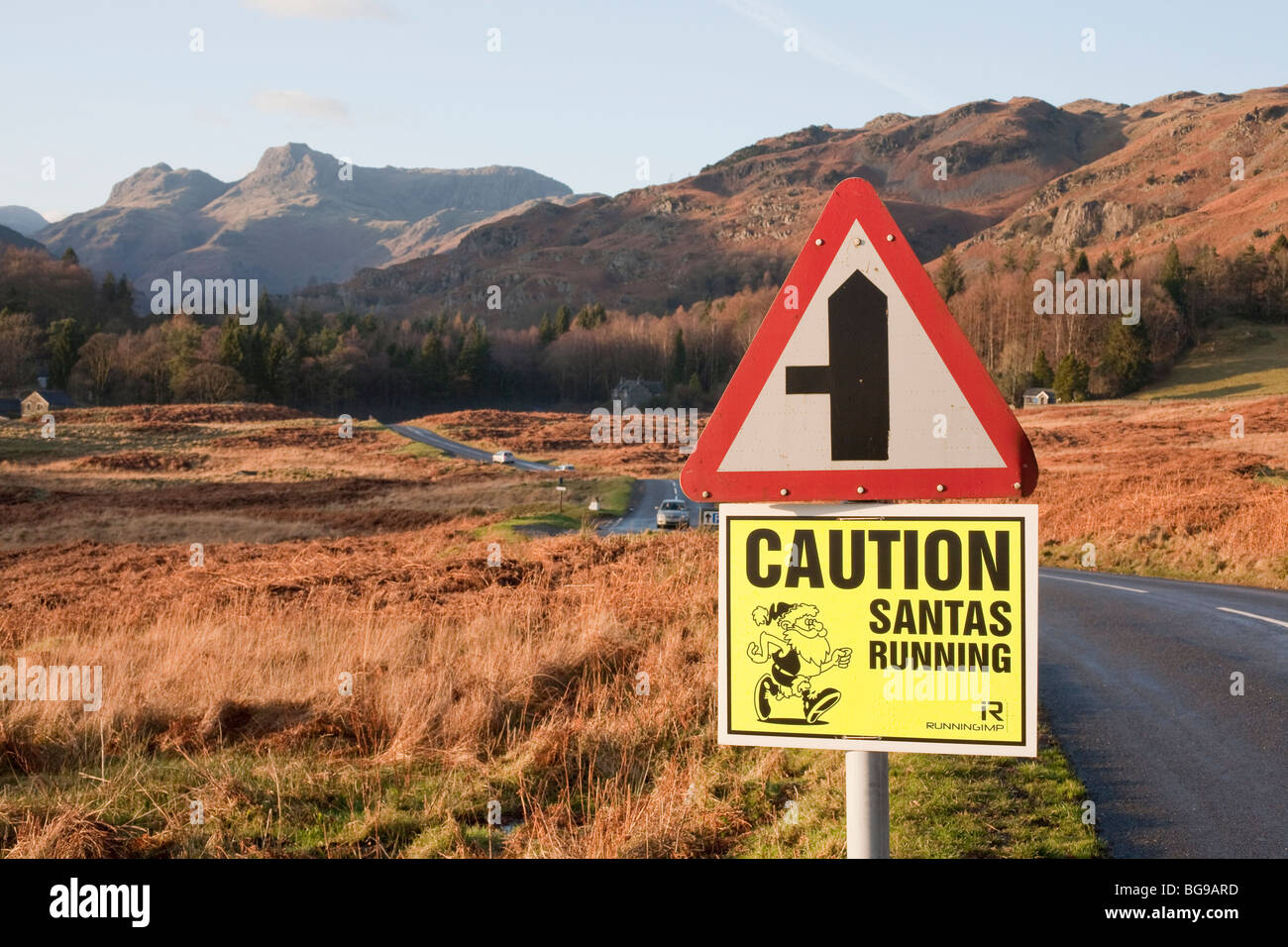 Un segno di avvertimento di guide su strada per ther budino annuale gara di Langdale, Lake District, UK. Foto Stock