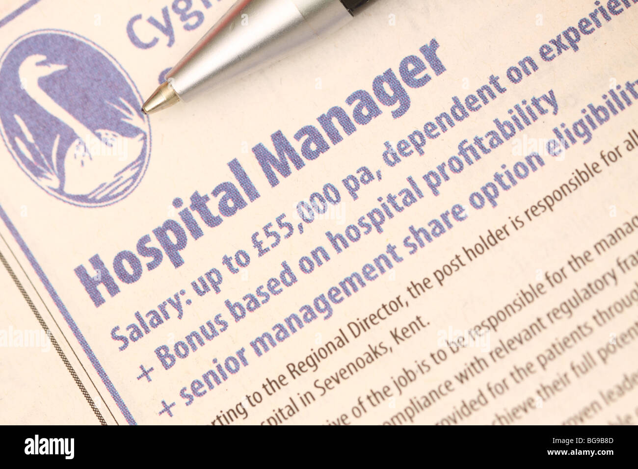 Ospedale Manager annuncio di lavoro vacante nel giornale per NHS Foto Stock