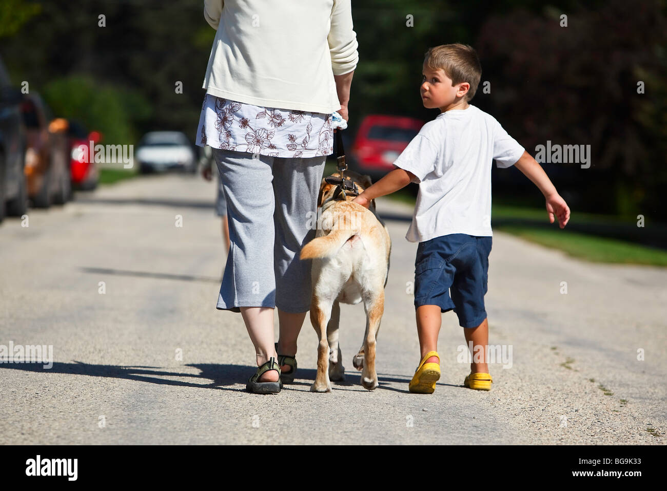 Donna e giovane ragazzo passeggiate con il cane. Gimli, Manitoba, Canada. Foto Stock