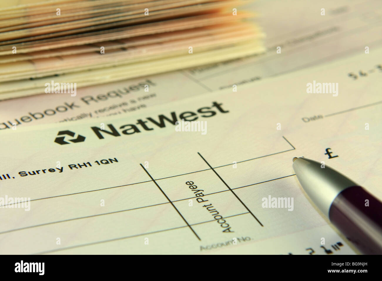 Assegno in bianco e biro in montagna con assegni modulo di richiesta e assegni stub in background Foto Stock
