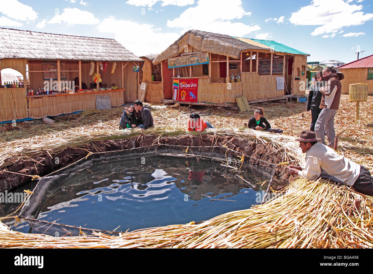 Stagno di pesci, Uro isole, il lago Titicaca, Puno, Perù, Ande, Sud America Foto Stock