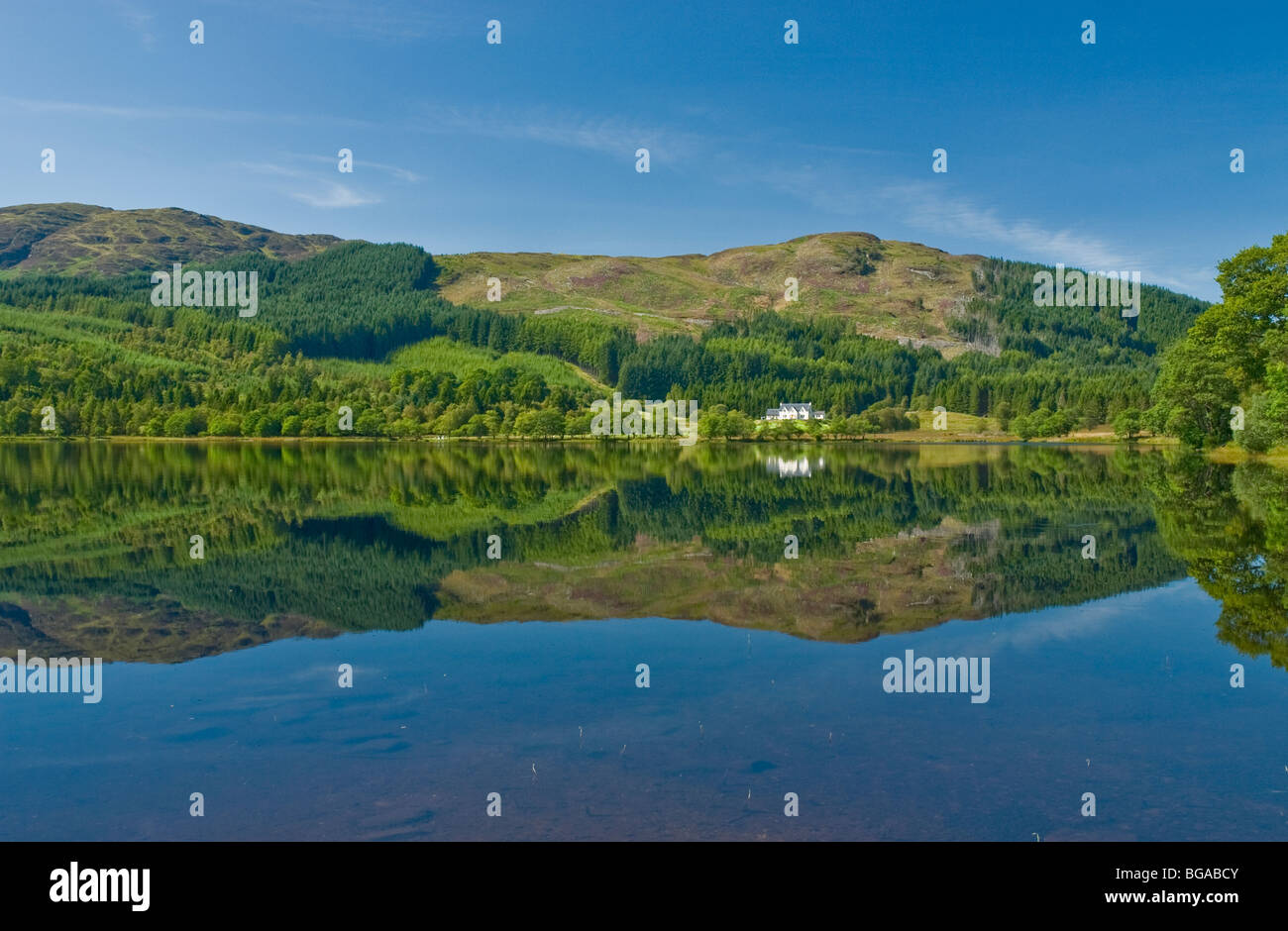 Riflessioni sul Loch Chon nr Aberfoyle Trossachs Stilring District Loch Lomond & Trossachs Parco Nazionale di Scozia Foto Stock