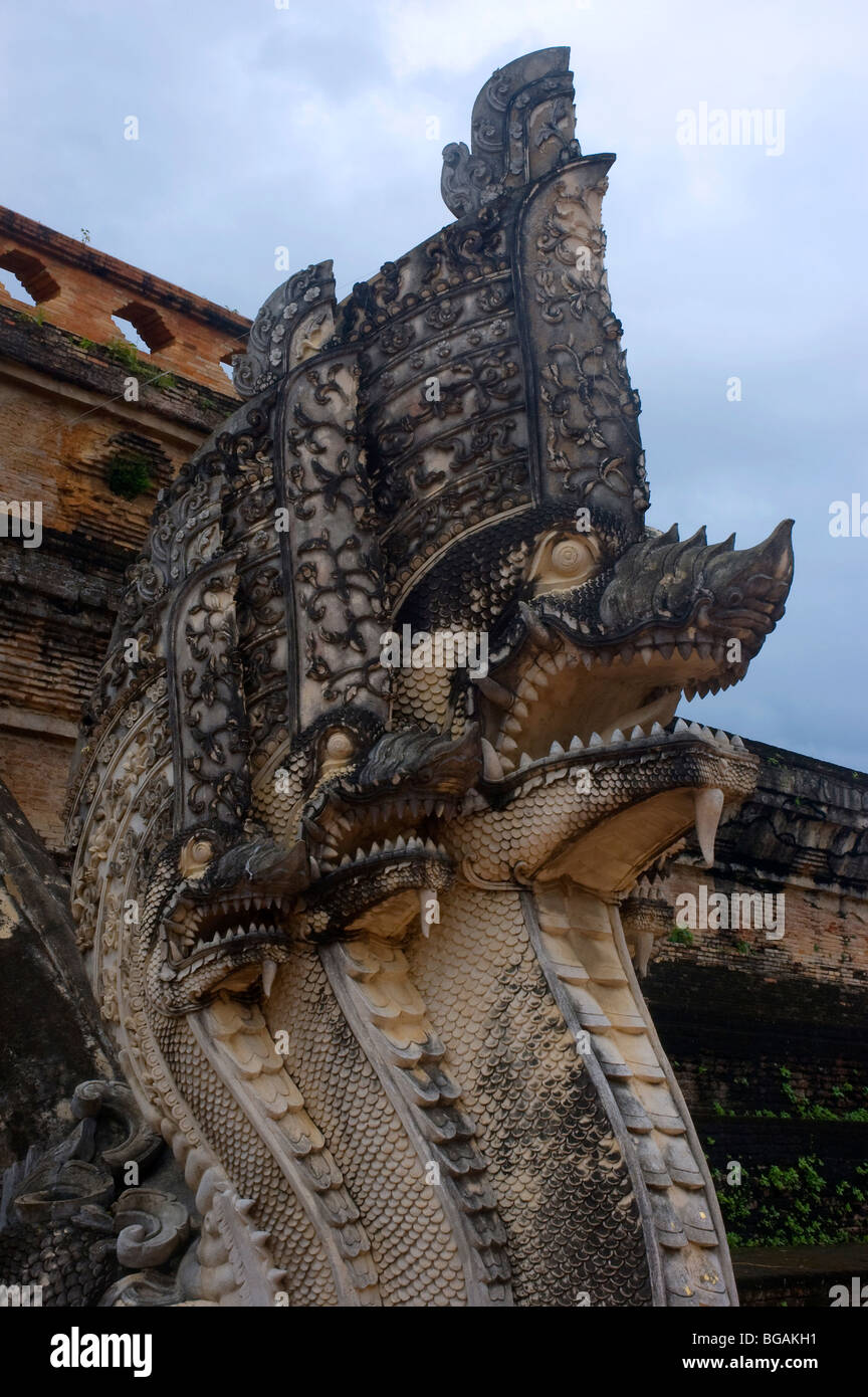 Naga, Drago serpente con testa, guardia lo stupa di Wat Chedi Luang, Chiang Mai, Thailandia. Foto Stock