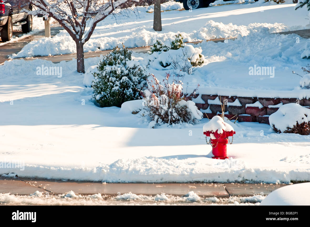 Una piacevole scena di new morning neve dopo il sole ha iniziato a scaldare le cose un po'. Foto Stock