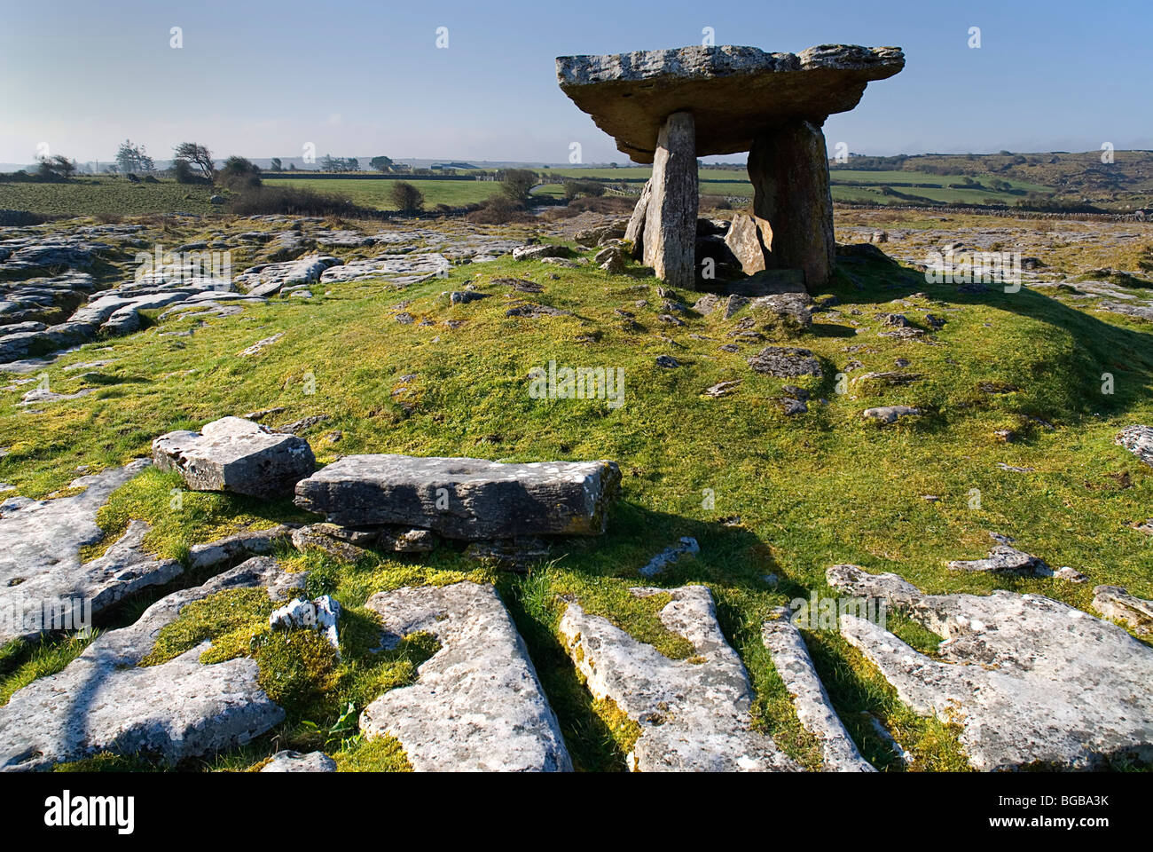 Irlanda, County Clare, Burren, Poulnabrone Dolmen, antico luogo di sepoltura nel paesaggio carsico grigio roccia calcarea. Foto Stock