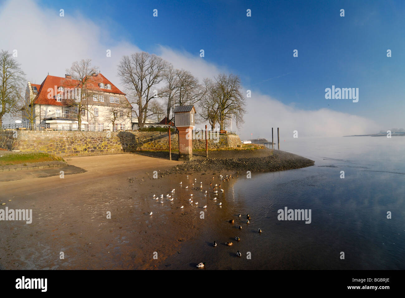 Il Zollenspieker Faehrhaus stazione dei traghetti e la nebbia sul fiume Elba in Kirchwerder, Amburgo, Germania, Europa Foto Stock