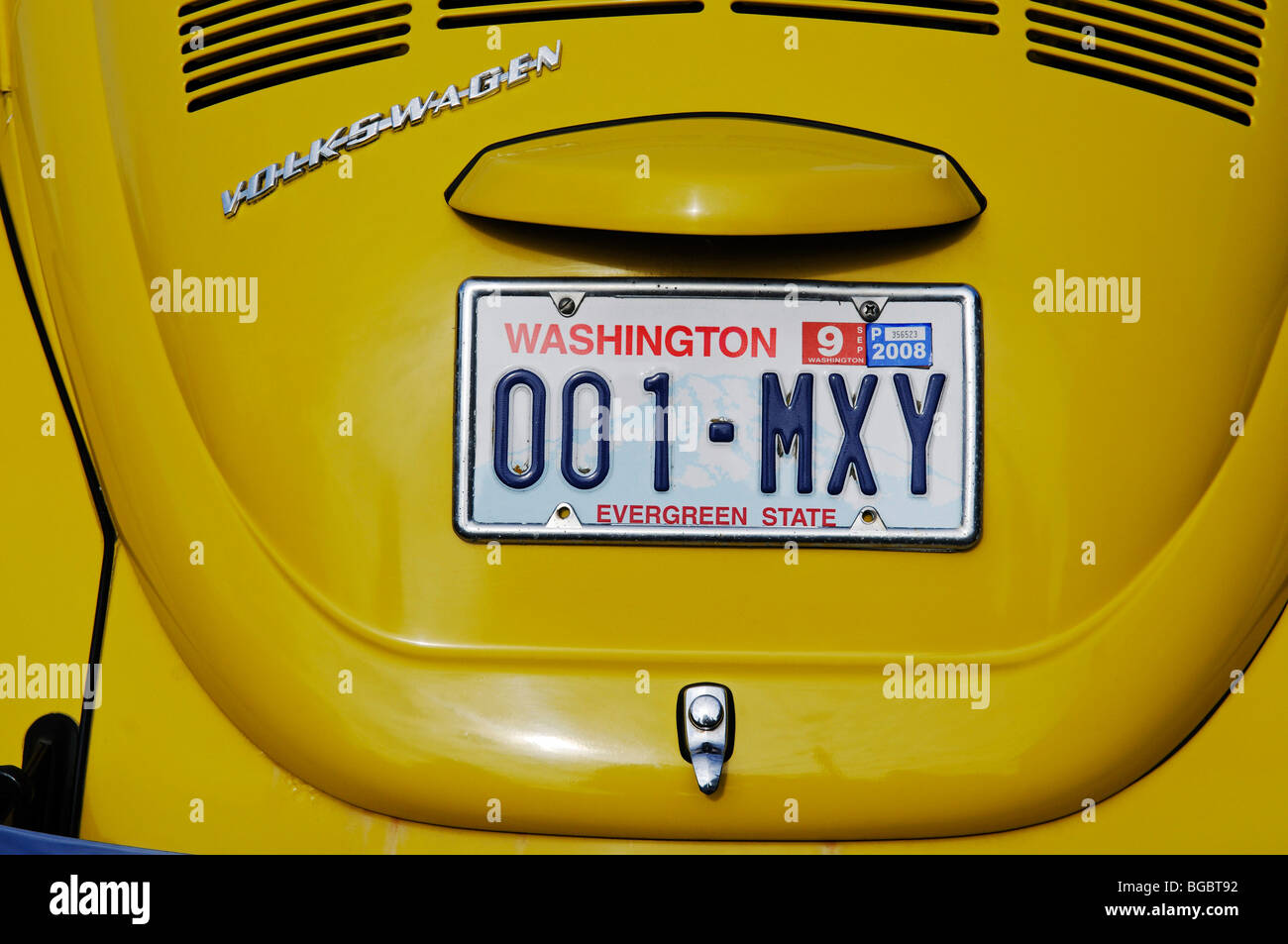 Numero di targa, vecchio VW Beetle, Port Townsend, nello Stato di Washington, USA Foto Stock